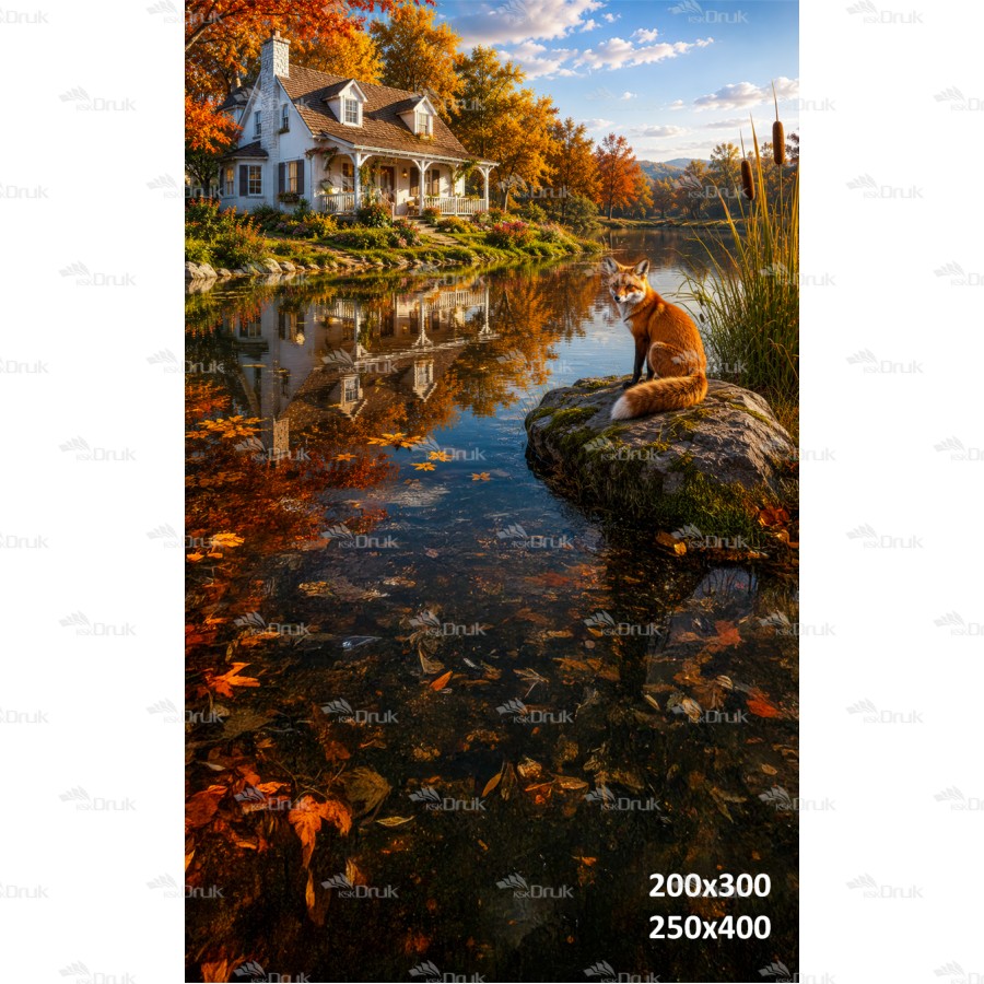 Tło fotograficzne „Jesienny domek nad jeziorem z liskiem” | J_273